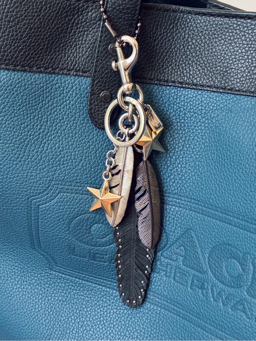 Coach Mixed Feathers And Stars Leather Silver Gold Metal Bag Charm, Boho Western